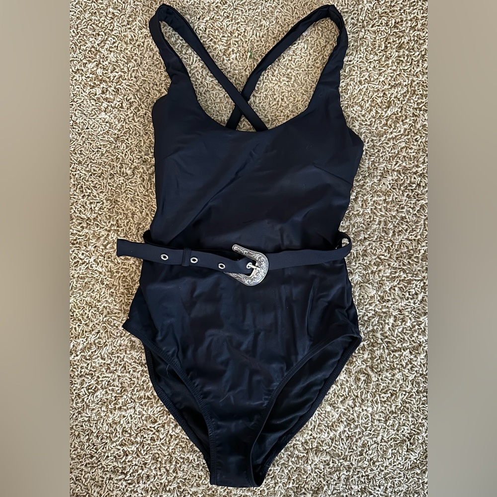 Black, belted one piece swimsuit